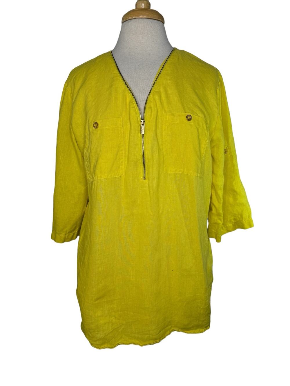 COMPANY ELLEN TRACY Limeade Yellow Green 100% Linen Gold Zipper Blouse Large